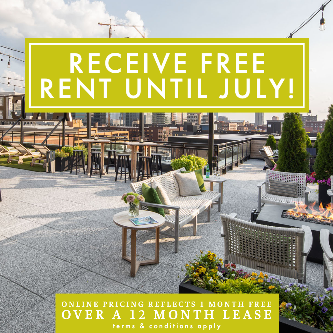 Receive free rent until July! Online pricing reflects special of 1 month free over a 12 month lease. Terms and conditions apply.